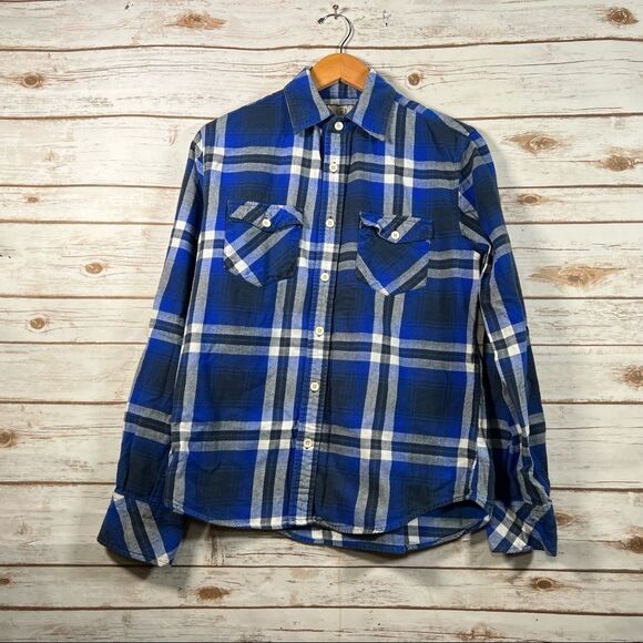 🎇CAMPUS Crew Blue & Cream Checked Cotton Plaid Button Up Size Small - Picture 11 of 12